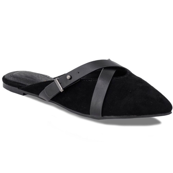Vegan Suede Black Pointed Toed Slip On Flat Mules - Picture 4 of 5